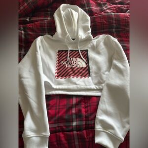 The North Face White and Red Cropped Hoodie